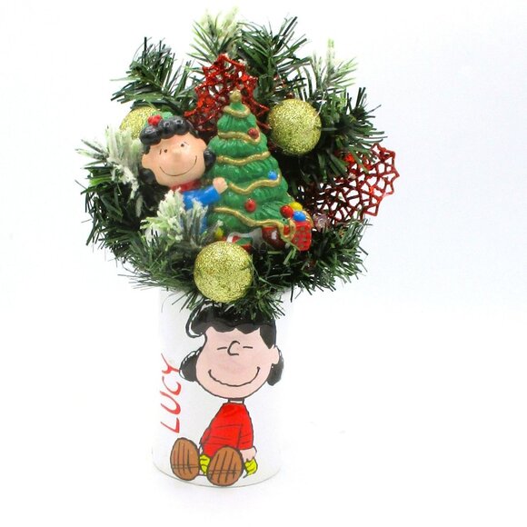 Vtg Peanuts Lucy Linus Holiday Bathroom Cup Mini Christmas Tree Ornaments - Picture 1 of 4